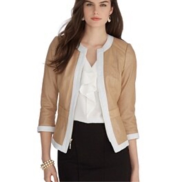 WHBM Leather Jacket Mochaccino Ivory Color Block 3/4 Sleeves XS $500 NWT